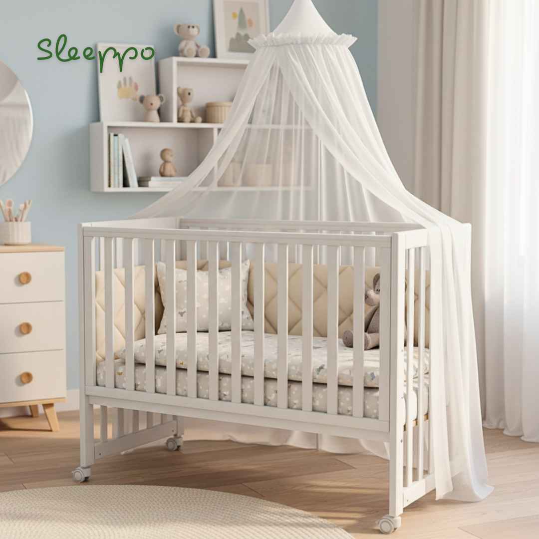 Sada. Dětská postýlka Sleeppo Gekko Kids 120x60 s kvalitní matrací Hilding Anders. Bílá